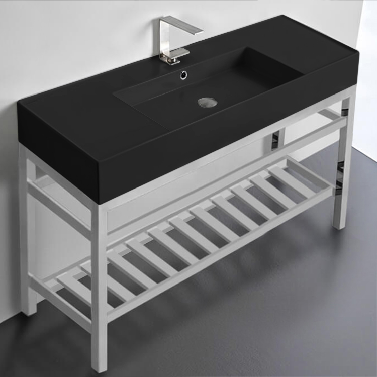 Scarabeo 5125-49-CON2 Modern Matte Black Ceramic Console Sink and Polished Chrome Base